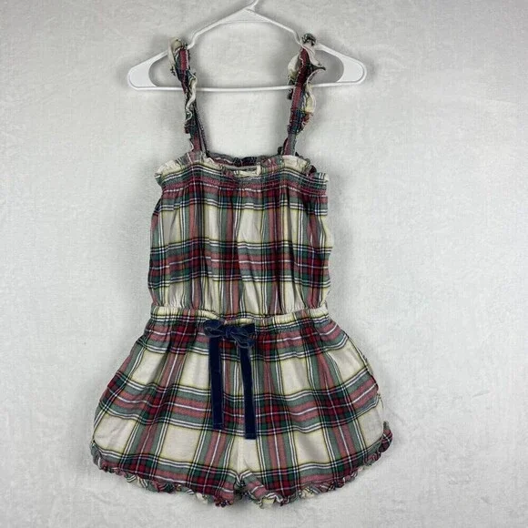 Aerie Romper Womens Medium Multicolor Green Red Flannel Plaid Ruffle Strap - Picture 2 of 11